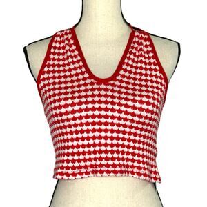 ZARA M NEW Halter Tie Crop Top Crochet Red White Check Stretch Retro